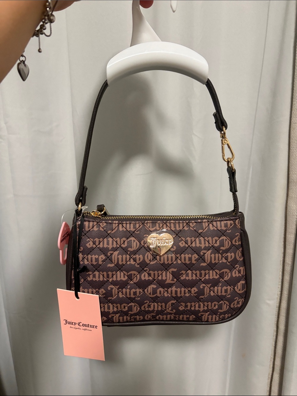 BNWT | Juicy Couture Brown Monogram Mini Shoulder Bag Wristlet Gold Heart Plaque